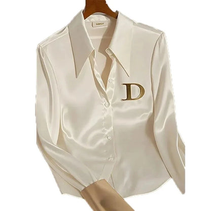 2026 White Shirt Female Design Sense Spring Autumn Fashion Letter Long Sleeve Shirts Tops Single-Breasted Blouse Coat Women