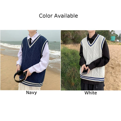 Men's Classic Contrast Color Thermal V-Neck Comfortable Cardigan Sleeveless Slight Stretch Solid Vest Simple Loose Waistcoat Tops