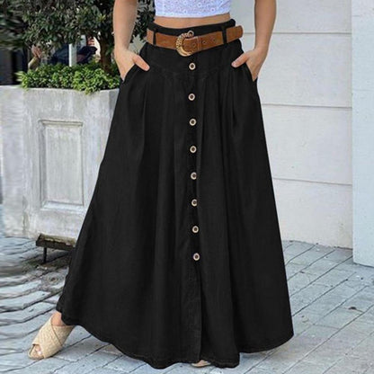 Big Hem Women Long Skirt Solid Color High Waist All Match Button Decor A-line Summer Loose Maxi Skirt Female Garment