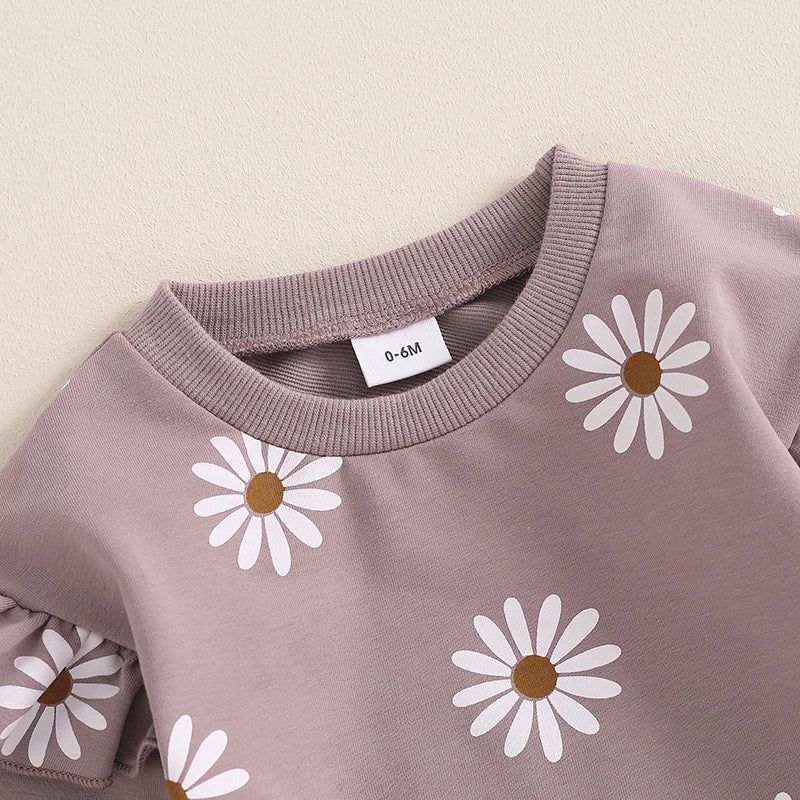 2026 Lorrainian Toddler Girl Fall Outfit Daisy Print Long Sleeve Sweatshirt with Elastic Waist Pants 2 Pcs Set