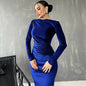 BWQ 2026 Spring Summer Velvet Long Sleeve Midi Dress For Women Ruched Long Dress Elegant Party Clothes Evening Green Outfits