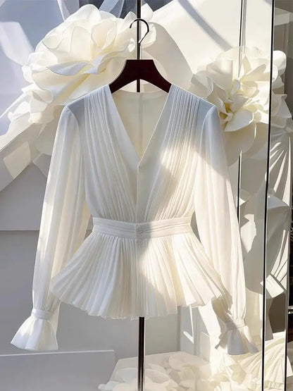 Youth Elegant Pleated White Long Sleeve Button Up Shirt Women V Neck Ruffle Tunic Basic Blouse Chiffon Lady Office Casual