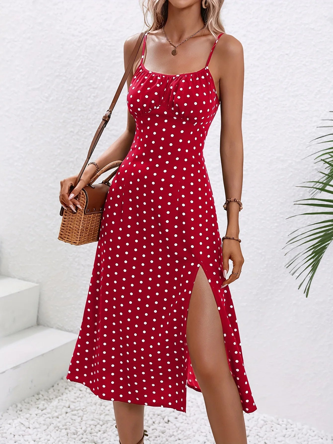 2026 Summer Sexy Spaghetti Straps Dress Women Fashion Polka Dot Print Sleeveless Slit Dress Boho Casual Beach Midi Dresses