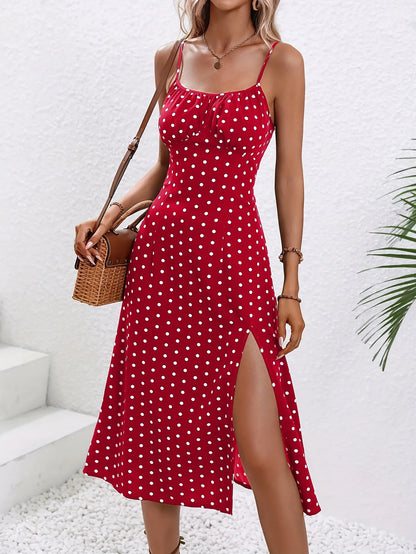 2026 Summer Sexy Spaghetti Straps Dress Women Fashion Polka Dot Print Sleeveless Slit Dress Boho Casual Beach Midi Dresses