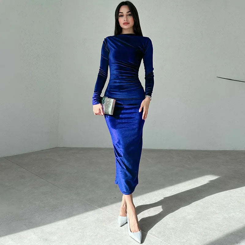 BWQ 2026 Spring Summer Velvet Long Sleeve Midi Dress For Women Ruched Long Dress Elegant Party Clothes Evening Green Outfits