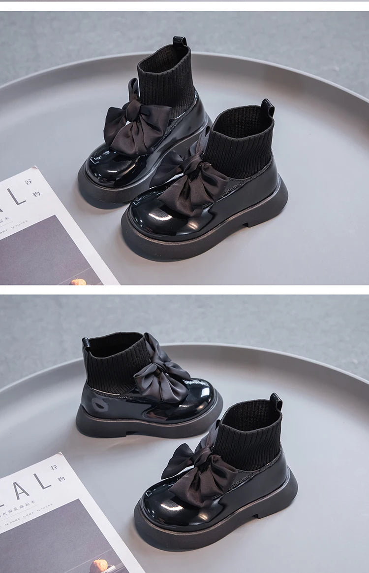 Children's Boots Fashion PU Solid Black Bow Girls Uniform 2025 Spring and Autumn New Kids Fashion Flying Knit School Socks Shoes