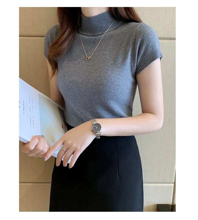 Solid Color Casual Women Clothing Korean Knitted Women Top Bulse Mujer De Moda Spring Summer Slim Turtleneck Blouse