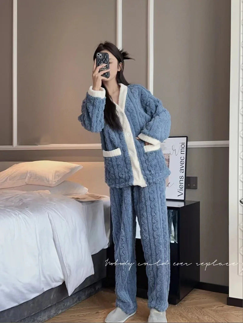 2pcs/Set Autumn And Winter Pajamas Women Thickened Padded Warm Students Coral Girls Clot Velvet Suit Home wear Cardigan Trousers