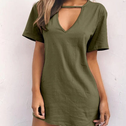 Summer Sexy Mini Black Dress 2026 V Neck Cut Out Loose Dress Women Elegant Short Sleeve Club Party Dress Solid Color Streetwear