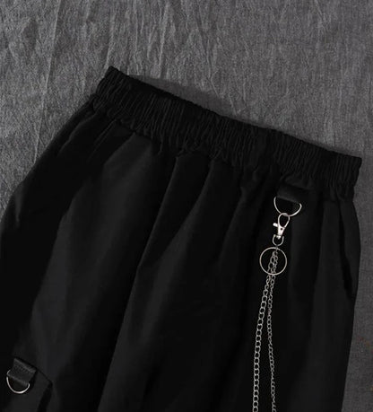 2PCS Women's Streetwear Outfits Loose Long Sleeve Shirt Ribbon Chain Cargo Pants 2 Piece Sets Korean Casual Unisex Couple Suit