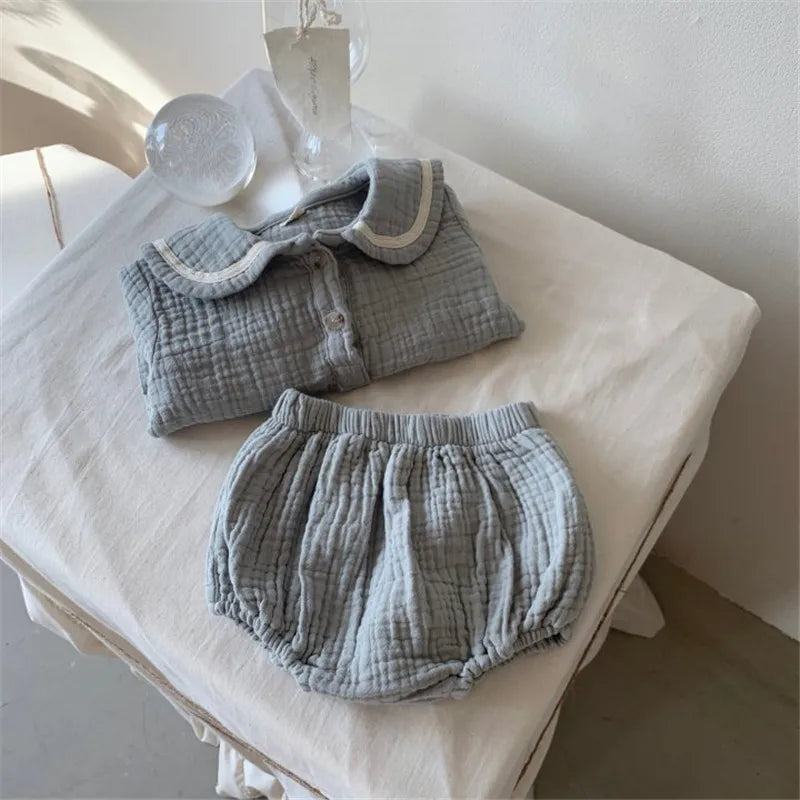 Baby Boy Girl Clothes Set Muslin Spring 0-5Y Baby Organic Cotton Lapel Navy Style Long Sleeve Tops + Shorts Newborn Baby Sets