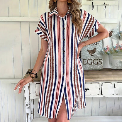 2026 New Dress Women's Clothing Summer Lapel Loose Short-sleeved Shirt Pocket Button Coat Striped Skirt Women's Evening Dress