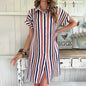 2026 New Dress Women's Clothing Summer Lapel Loose Short-sleeved Shirt Pocket Button Coat Striped Skirt Women's Evening Dress