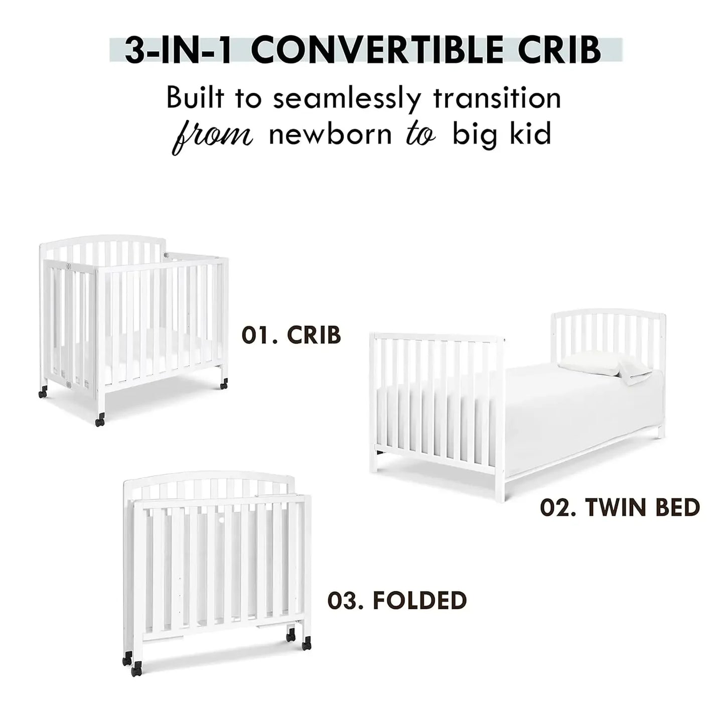 Folding Portable 3-in-1 Convertible Mini Crib and Twin Bed in White, Greengard Gold Certified