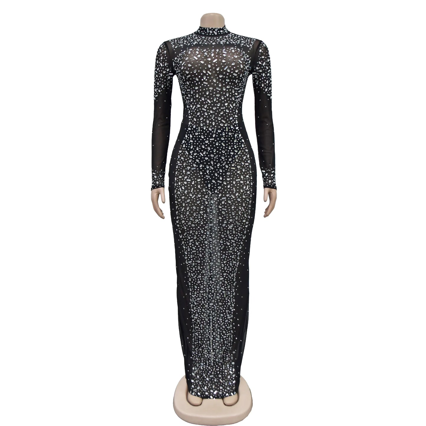 Women Sexy See Through Sheer Mesh Rhinestone Décor Long Sleeve Maxi Party Dress