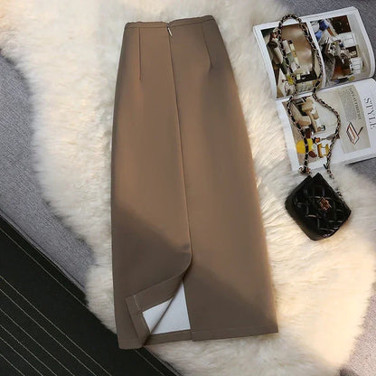 Fashion Elegant Formal Skirts Women Autumn New High Waist Drape Suit Long Brown Skirt Zipper Female