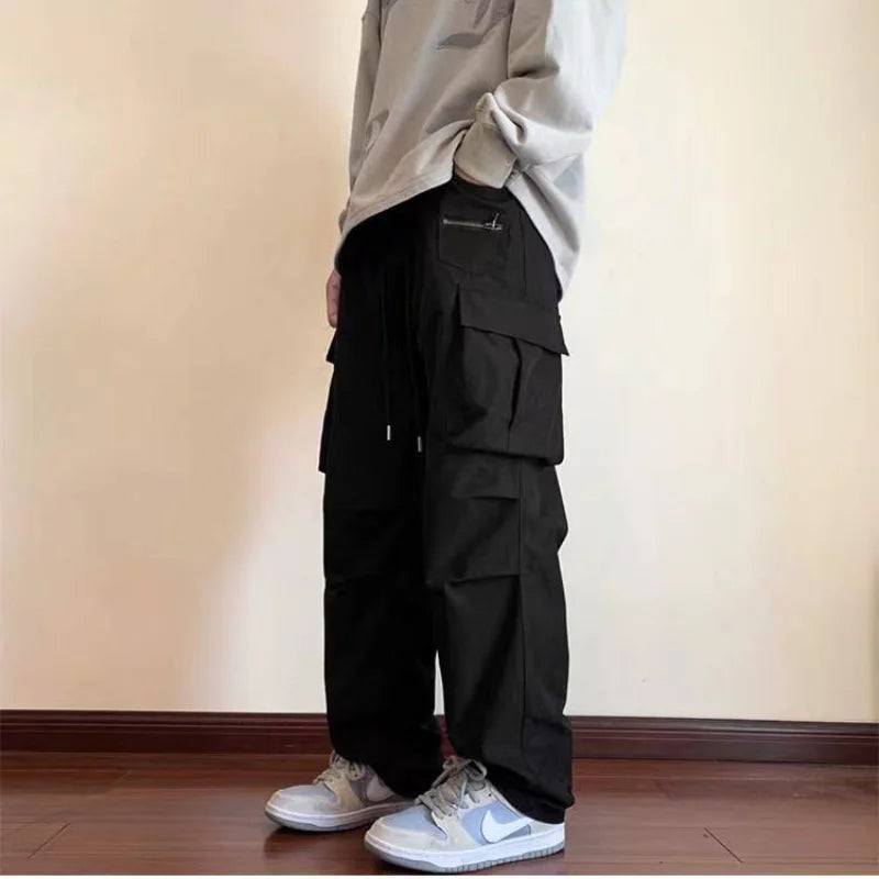 New Overalls Men's Spring Summer Retro High Street Casual pants Large Pocket Trousers Loose Straight Tube Draped Wide-leg Pants