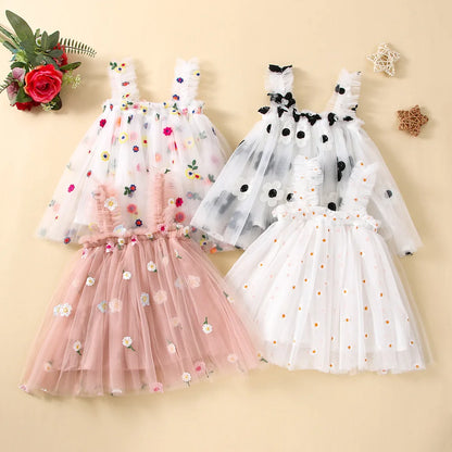 2025 New Baby Girl Clothes Multi Coloured Embroidered Floral Mesh Camisole Cute Baby Girl Dress Party Princess Fluffy Dresses