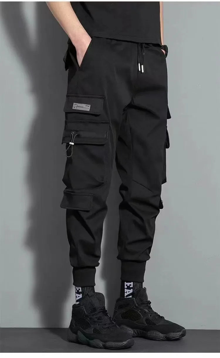 Thin Streetwear Casual Pants Men Ribbons Harem Jogging Pants Male Slim Fit Spring Cargo Pants Multi-Pockets Women Trouser J9