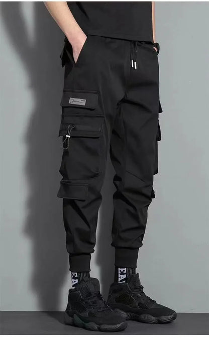 Thin Streetwear Casual Pants Men Ribbons Harem Jogging Pants Male Slim Fit Spring Cargo Pants Multi-Pockets Women Trouser J9