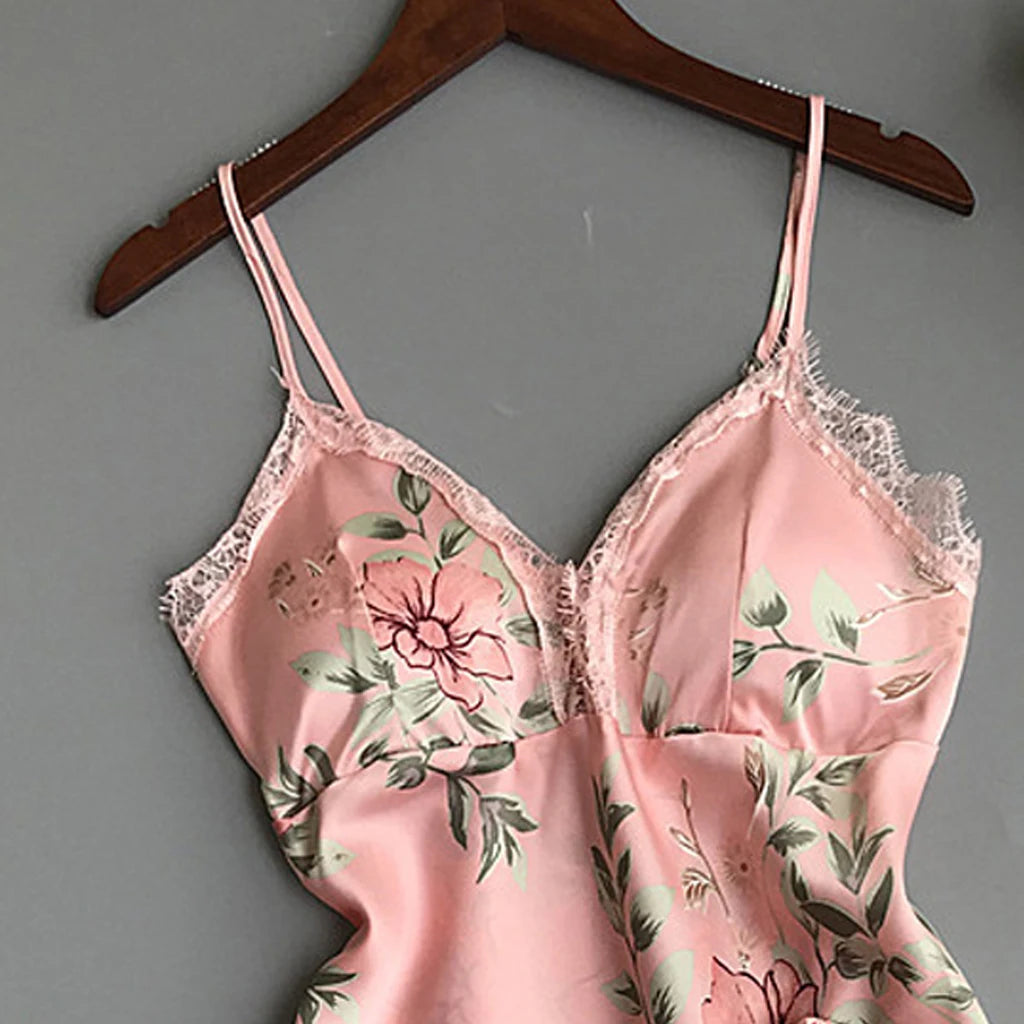 2pcs Floral Lingerie Set Women's Silk Satin Lace Vest Shorts Sleepwear Baby doll Lingerie Nightdress Pajamas Set