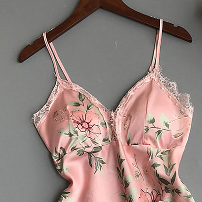 2pcs Floral Lingerie Set Women's Silk Satin Lace Vest Shorts Sleepwear Baby doll Lingerie Nightdress Pajamas Set