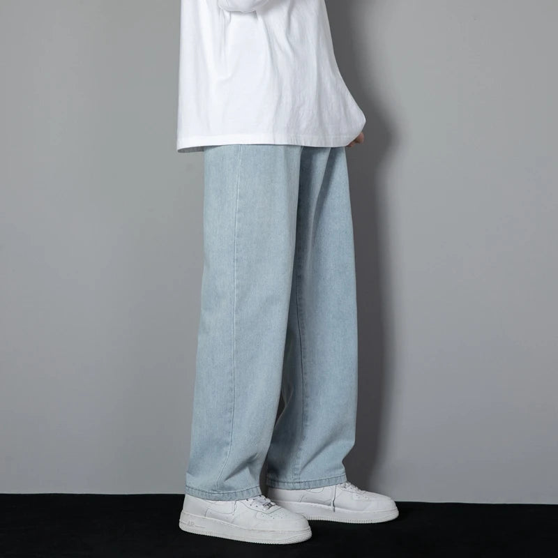 2026 New Korean Men's Casual Long Jeans Classic Man Straight Denim Wide-leg Pants Solid Color Light Blue Grey Black 3XL