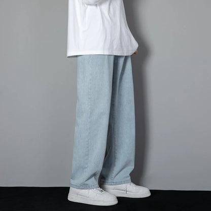 2026 New Korean Men's Casual Long Jeans Classic Man Straight Denim Wide-leg Pants Solid Color Light Blue Grey Black 3XL