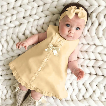 New Maxi Bow Dress+ headband Set Newborn Baby Girl Sleeveless Outfit Bowknot Ruffle Red Clothes Baby Summer Dresses For Girls
