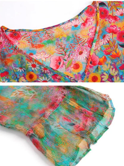 High Quality Summer 2025 Beach Boho Vintage Print Chiffon V Neck Dress Elegant Party Robe Designer Vespids Loose Midi Dress