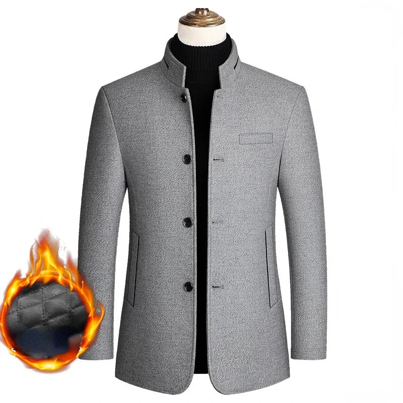 Men's Woolen Coat 2026 Autumn/Winter New Cotton Thickened Single Breasted Standing Collar Wool Blend Male Jacket