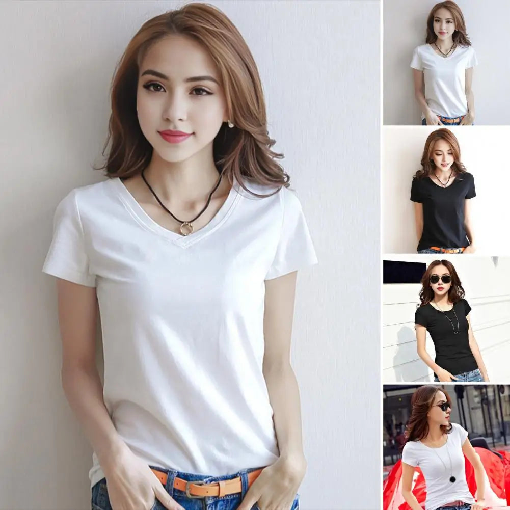 Women T-shirt V-neck Short Sleeve Slim Fit T-shirt Solid Color Pullover Tops Stretchy Bottoming Shirt Women Blouse Streetwear