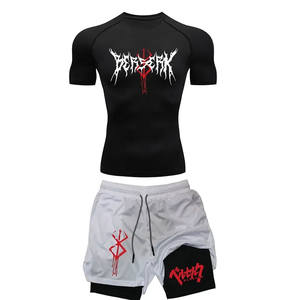 Anime Berserk Compression Set Men's Workout Gym T-shirts Breathable Running Shorts Quick Dry Sports Rash Guard Sportwear Set