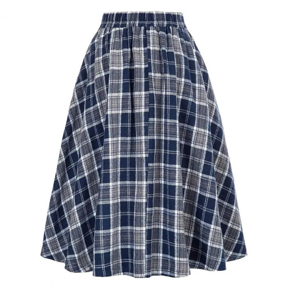 Loose Fit Skirt Elegant Retro Ruffle Maxi Skirt with Color block Plaid Print Soft Pockets for Women High Elastic Waist for Party