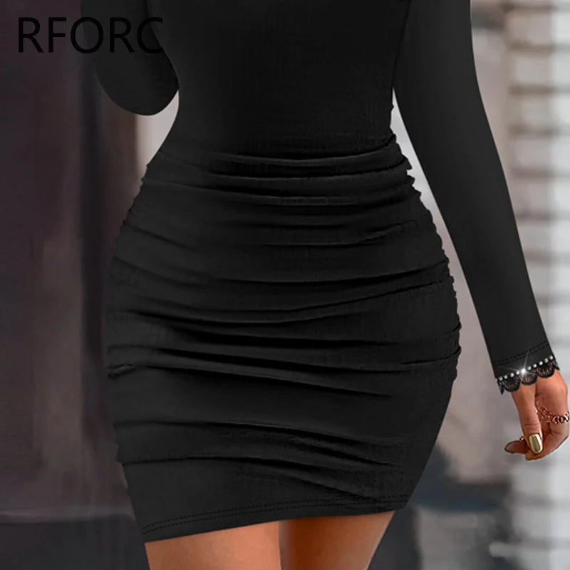2026 Women Solid Long Puff Sleeves Rhinestone Decoration Folds Mini Bodycon Party Black Dress