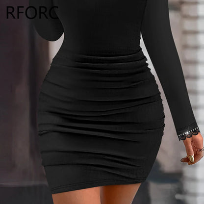 2026 Women Solid Long Puff Sleeves Rhinestone Decoration Folds Mini Bodycon Party Black Dress