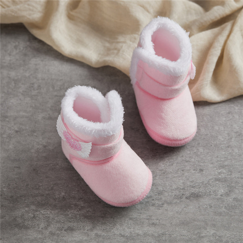 Suefunskry Newborn Baby Winter Snow Boots Contrast Color Ankle Boots Warm Plush Heart Wings Baby Walking Shoes for Toddler 0-18M