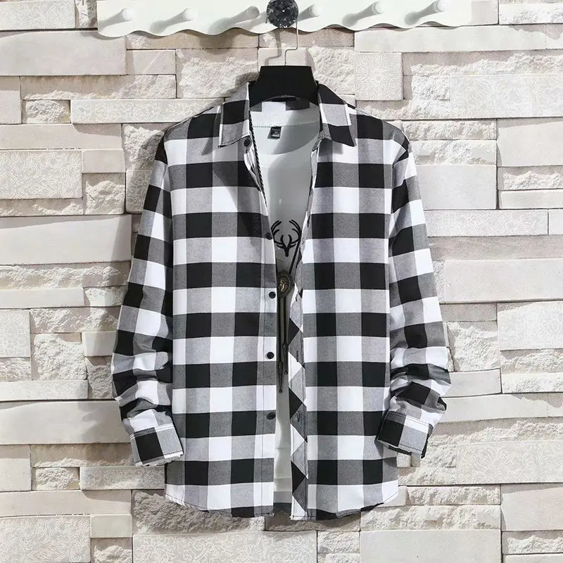 Spring New Korean Style Plaid Shirts Men's Handsome Long-sleeved Loose Casual All-matching Shirt Coats 2026 Trend Men's Clothing