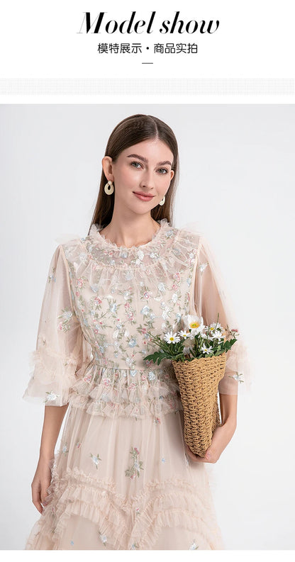 Runway Luxury Long Dresses Women 2025 Summer Holiday Embroidery Flower Ruffles Midi Party Evening Dress Lady Prom Vestidos