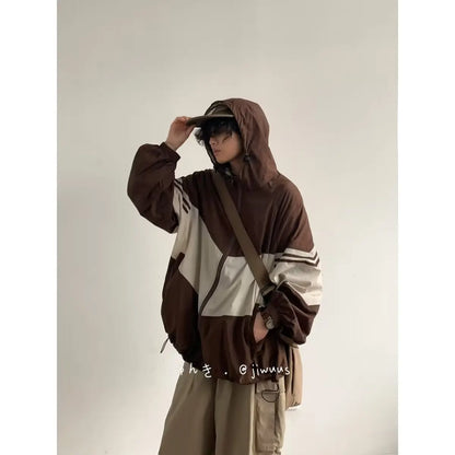 Men Jackets Hooded Baggy Patchwork Contrast Color Fashion Comfortable Waterproof Leisure Daily Retro Outer Japanese Style Chic