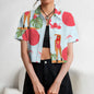 Women's Lapel Button Tank Tops Shirts Summer Casual Short Sleeve Shirts 3D Cherry Printed Women's Clothing Navel Exposed Shirts