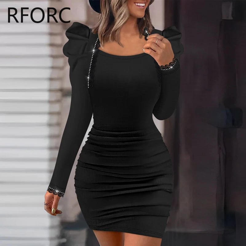 2026 Women Solid Long Puff Sleeves Rhinestone Decoration Folds Mini Bodycon Party Black Dress