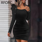 2026 Women Solid Long Puff Sleeves Rhinestone Decoration Folds Mini Bodycon Party Black Dress