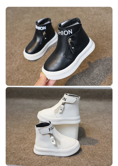 Children Fashion Boots Side Zipper Round-toe Kids Sport Boots Classic Solid Color Non-slip Boys Girls Leather Boots 2025 New