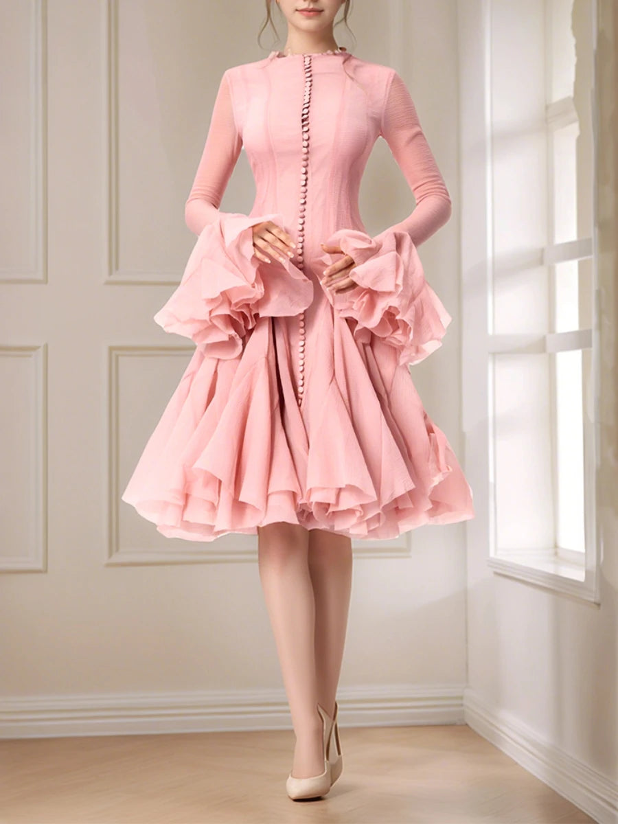 VGH Elegant Spliced Ruffles Midi Dresses for Women O Neck Petal Sleeve High Waist Slim Patchwork Buttons Solid Dress Female New