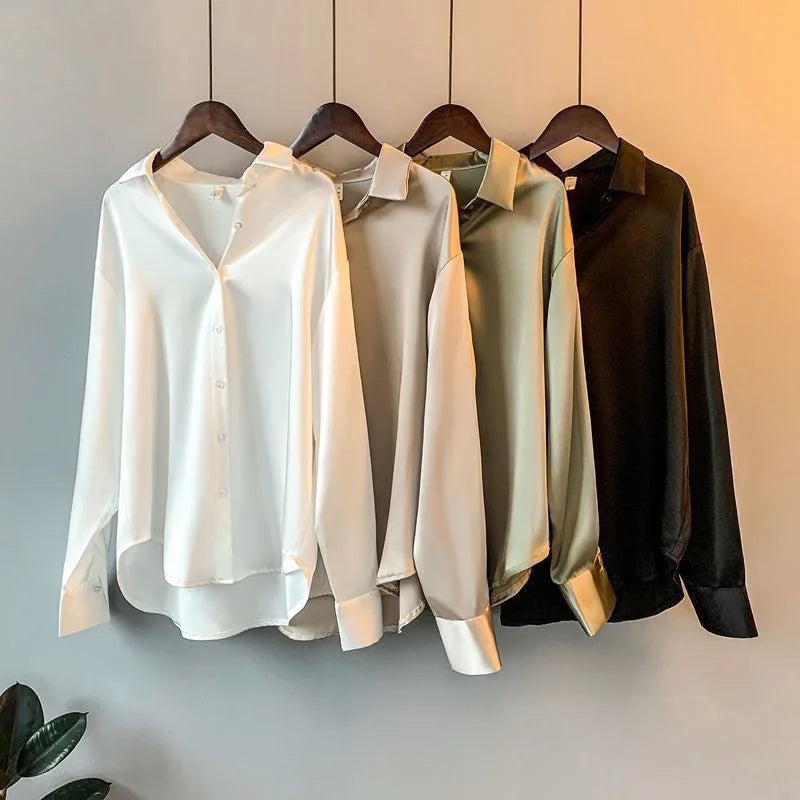 Spring Fashion Button Satin Silk Shirt Hong Kong Style Retro Shirt Women's White Top Women's Long sleeved Women's Loose Street