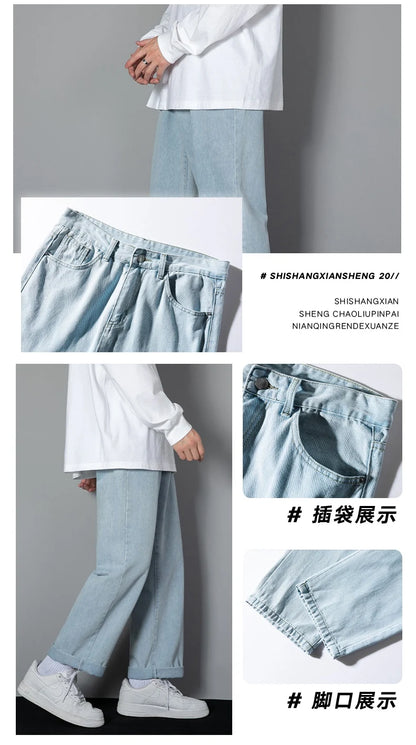 2026 New Korean Men's Casual Long Jeans Classic Man Straight Denim Wide-leg Pants Solid Color Light Blue Grey Black 3XL
