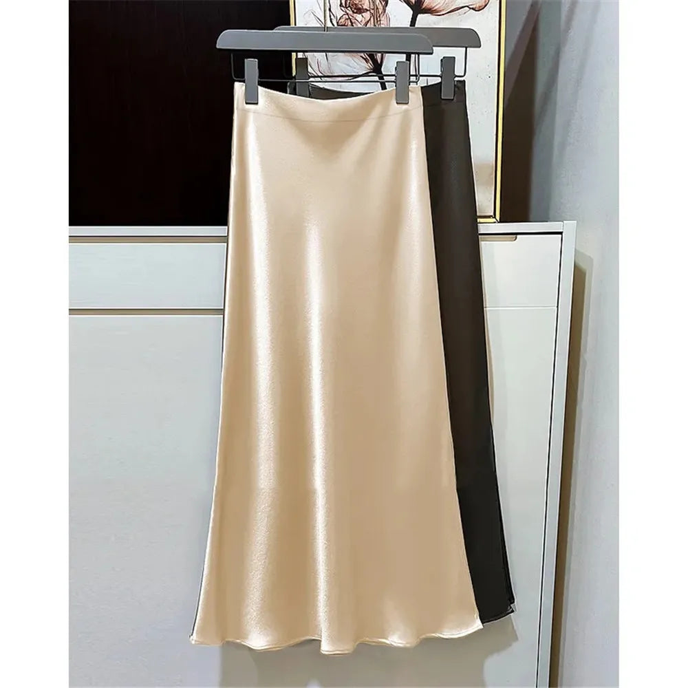 2026 Black Satin Skirt Women High Waist Elegant Long Skirts Street Fashion Summer Midi Skirt Office Slim Sexy Vintage Skirts