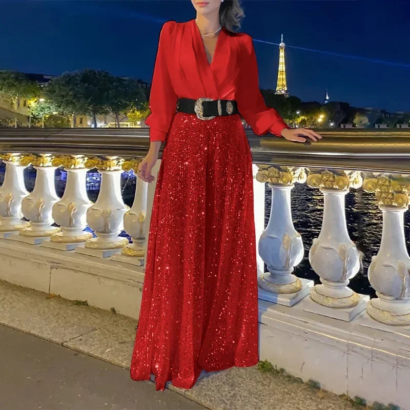 BWQ Splice Sequins Maxi Dresses For Women Fashion Folds Loose V Neck Elegant Dress Femme Party Evening Dresses Luxury 2026