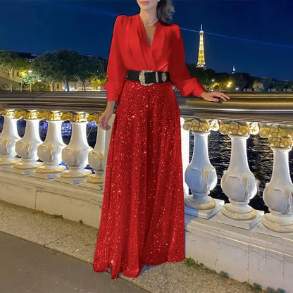 BWQ Splice Sequins Maxi Dresses For Women Fashion Folds Loose V Neck Elegant Dress Femme Party Evening Dresses Luxury 2026